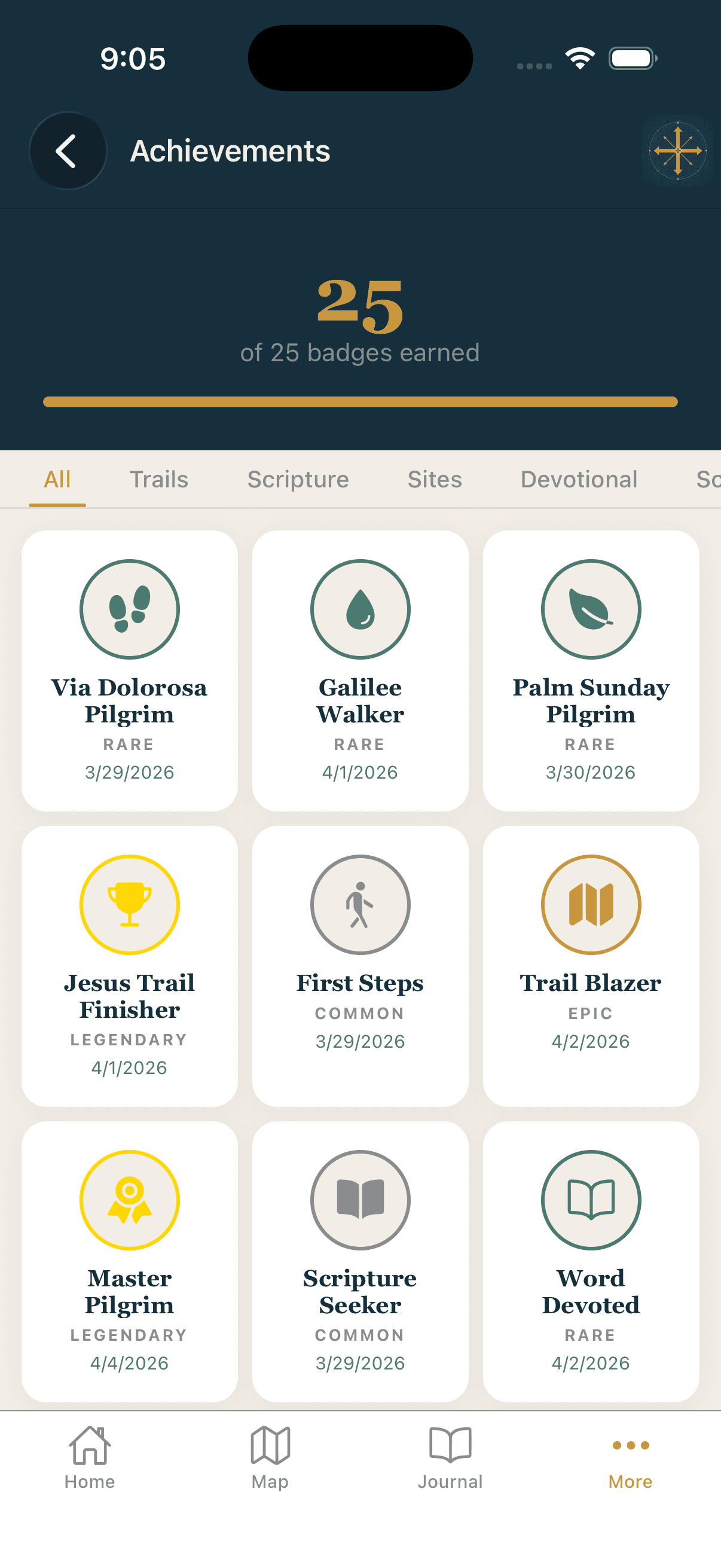 ScriptureWalk achievements with 25 badges earned