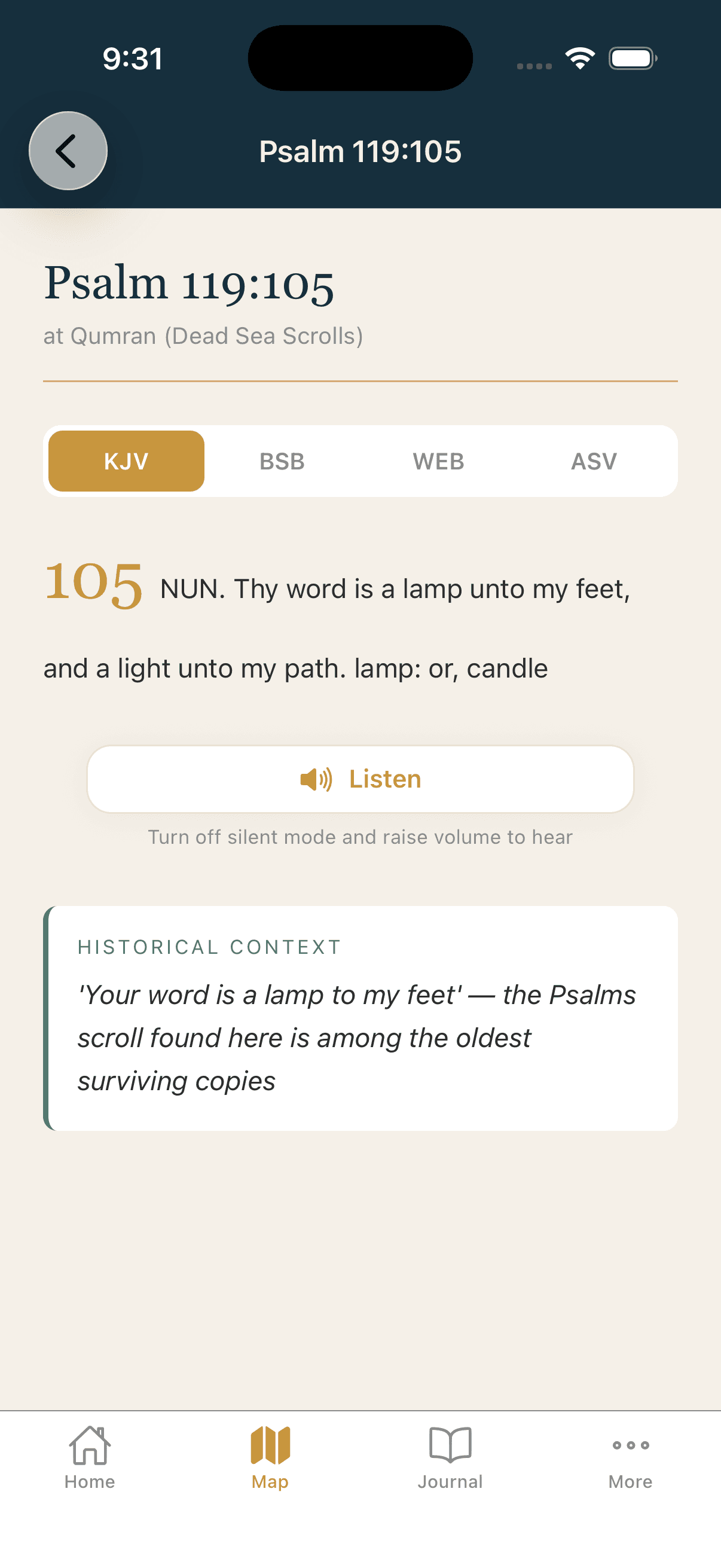 ScriptureWalk scripture with Listen button and audio controls