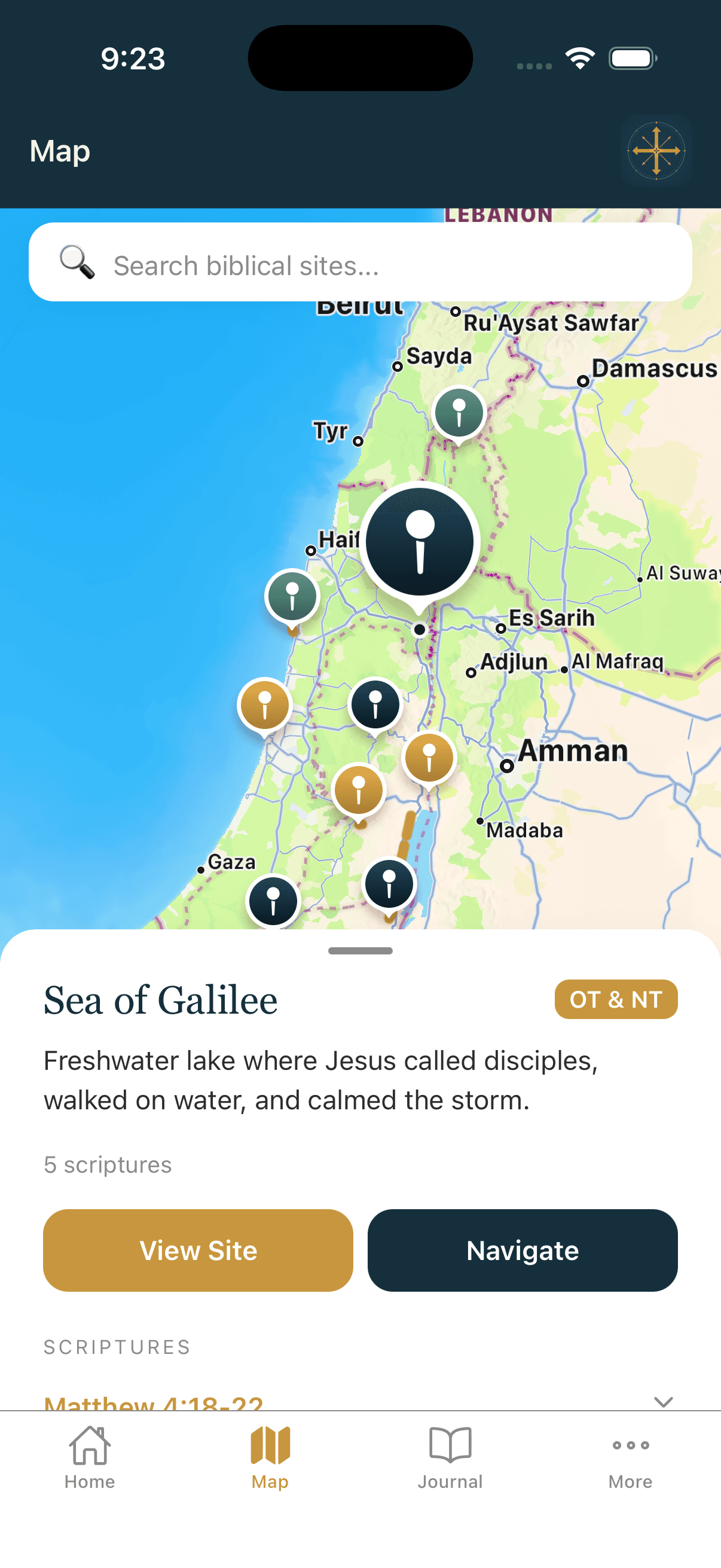 ScriptureWalk interactive map with biblical site pins